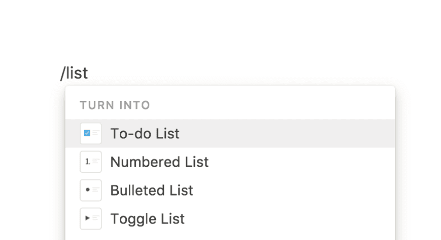 スラッシュの後に表示される、テキストの変換候補となるブロック種別のメニューのスクリーンショット
