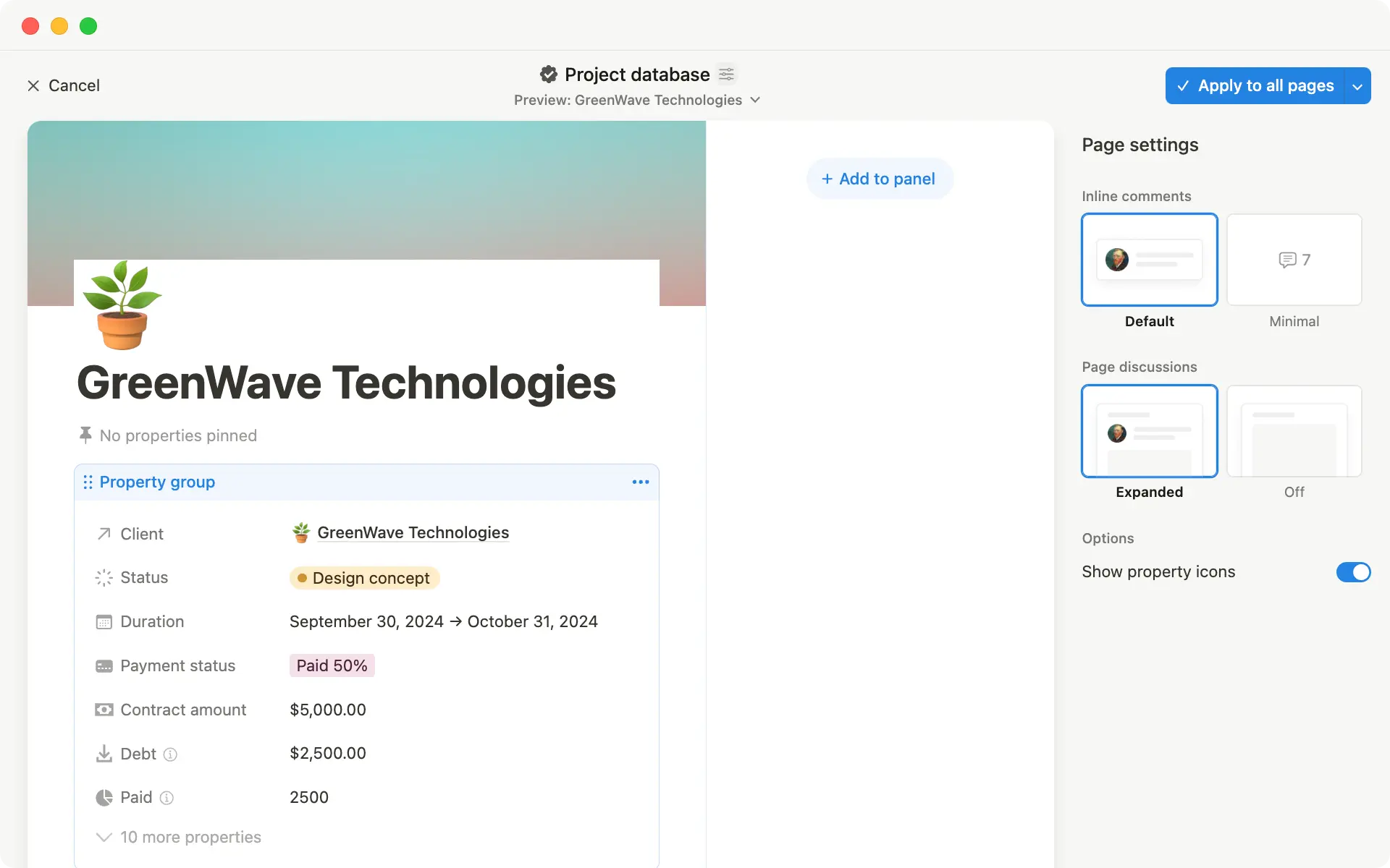 La herramienta para crear diseños te permite personalizar todo lo relacionado con la página de tu base de datos, desde anclar propiedades hasta crear un nuevo panel lateral.