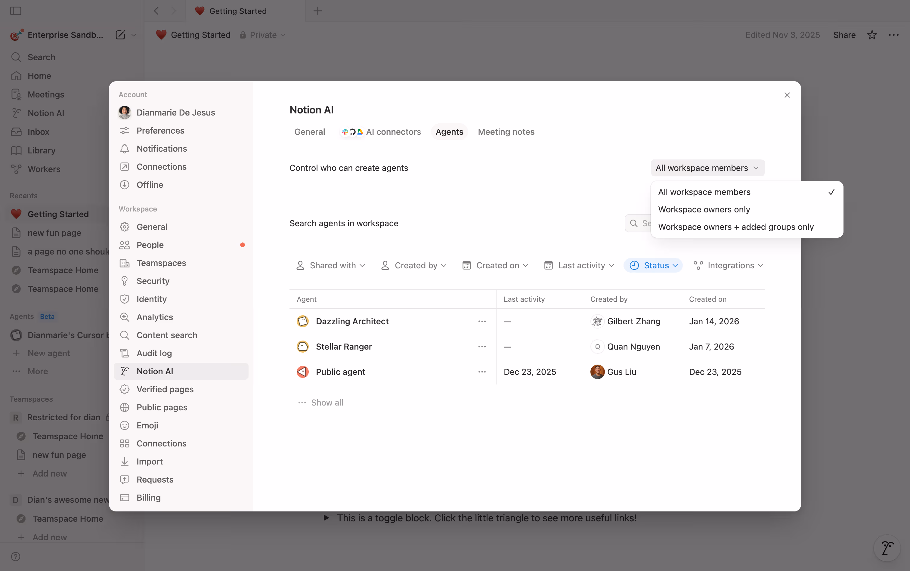 Configuración de creación de agentes dentro de la IA de Notion.