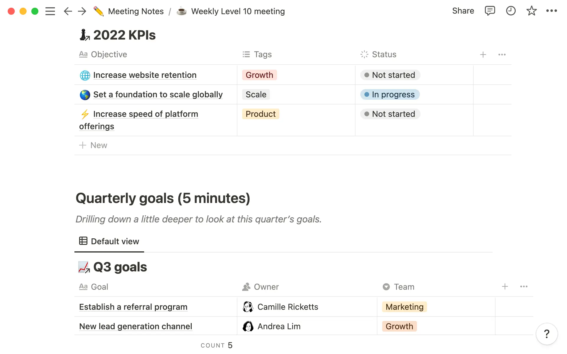 Puedes extraer objetivos de otros segmentos de Notion a través de bases de datos vinculadas.