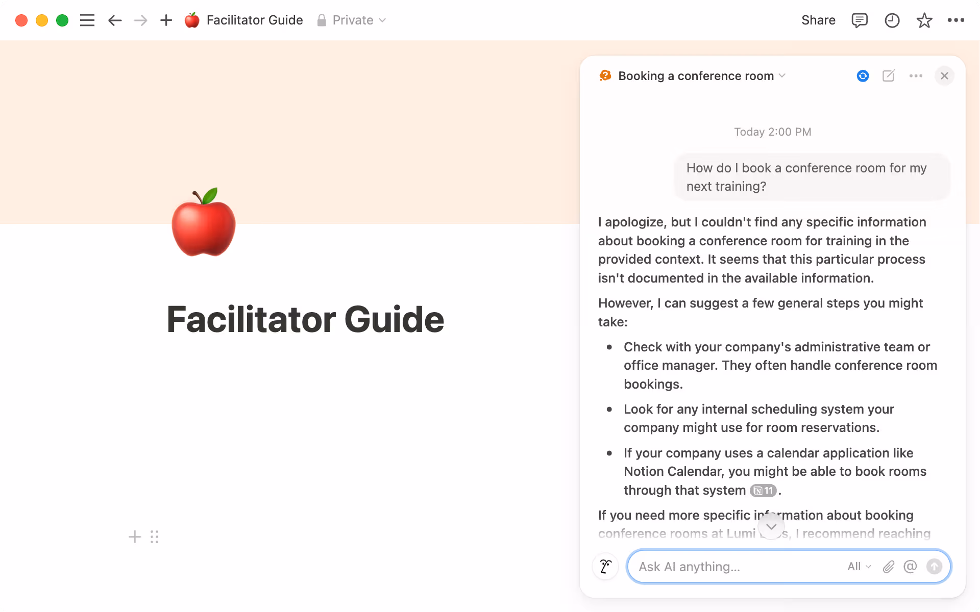 Notion AI가 질문에 답할 수 없는 경우, 일반적인 지식을 사용자에게 알려주고 생각의 단초를 제공합니다.