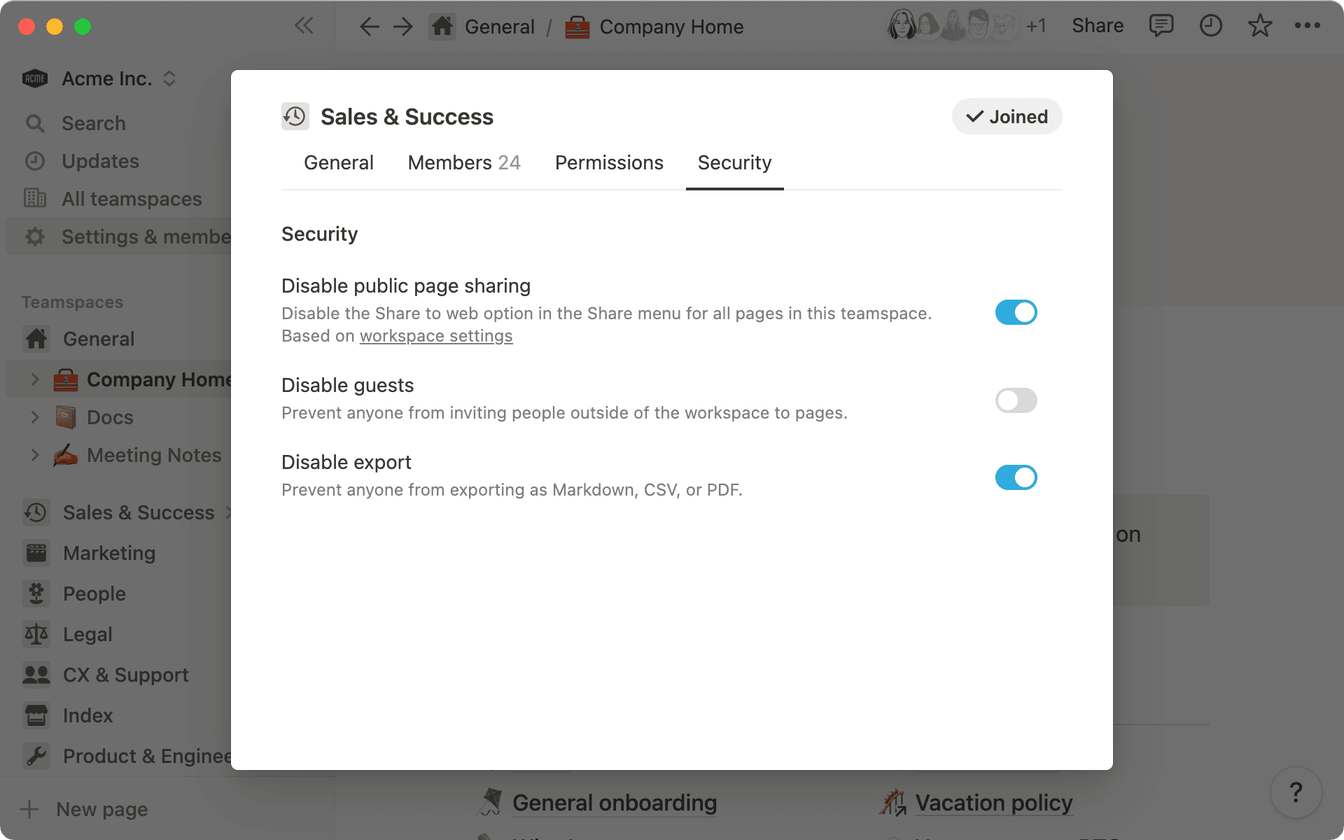 チームスペースの一部の設定は、ワークスペースの設定に基づいたものとなります。