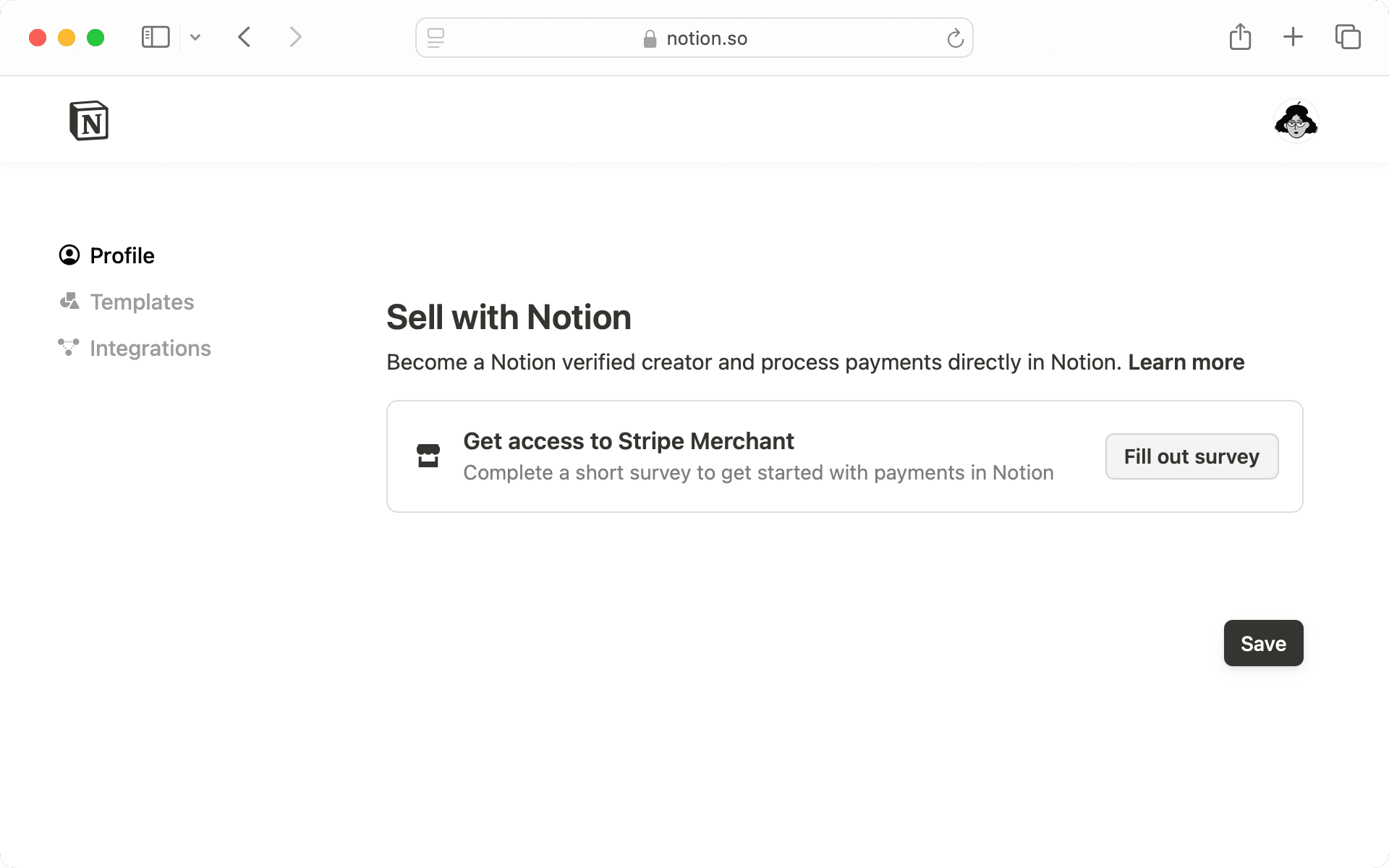 Si quieres usar Notion como plataforma de venta, rellena el cuestionario para acceder a Stripe Merchant.