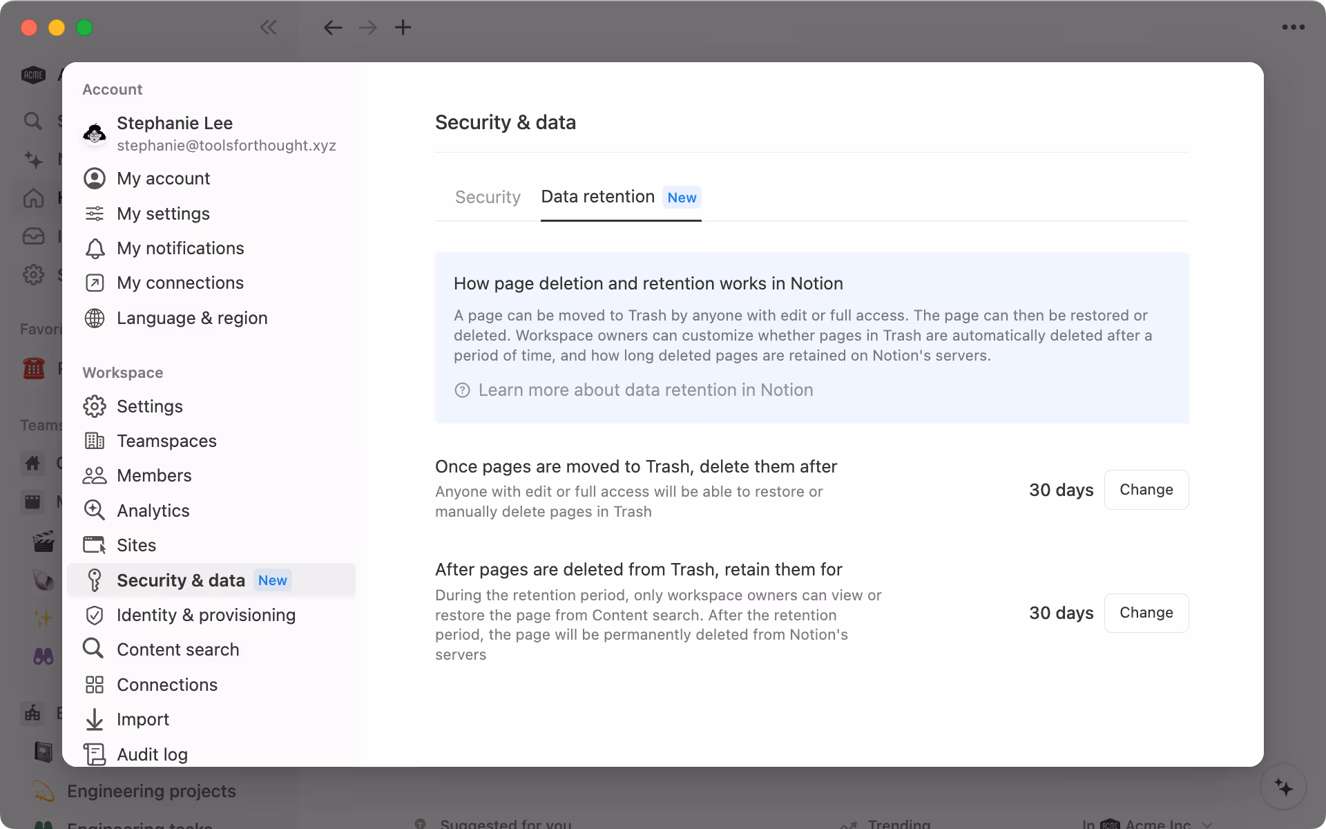 엔터프라이즈 워크스페이스 소유자는 사용자의 페이지가 휴지통에서 삭제되는 시점과 삭제 이후 보관 기간을 설정할 수 있습니다.