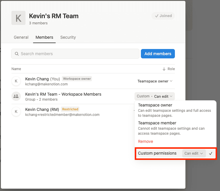 도움말 센터: 팀스페이스에서 제한된 멤버에게 권한 그룹 할당
