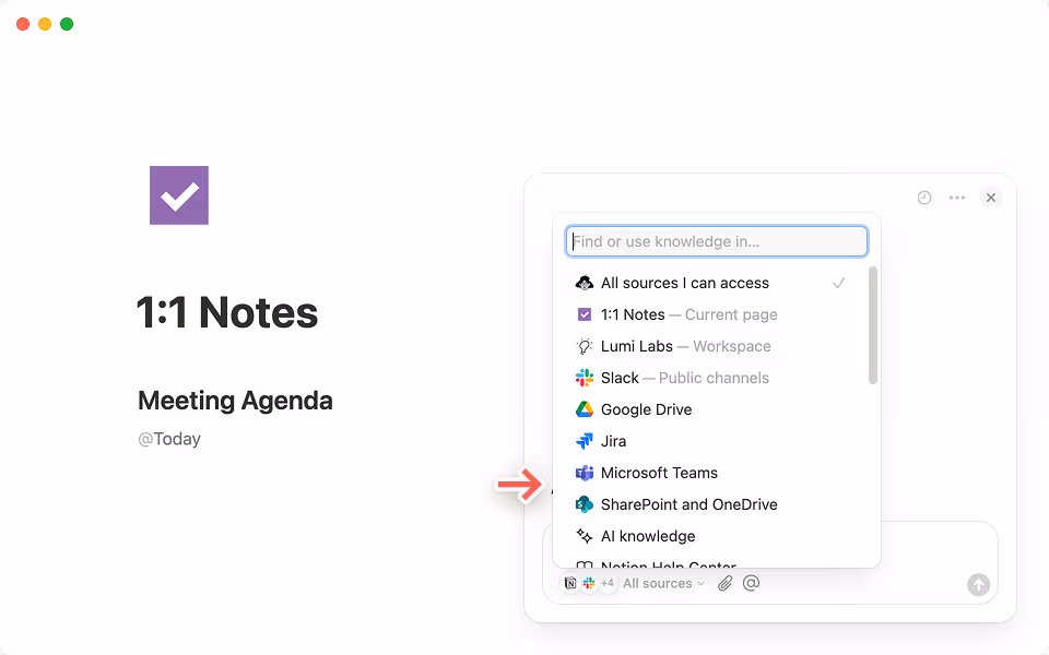 Notion AI 채팅의 '모든 출처' 탭에서 '+ 앱 연결' 옵션을 선택하여 시작하세요.