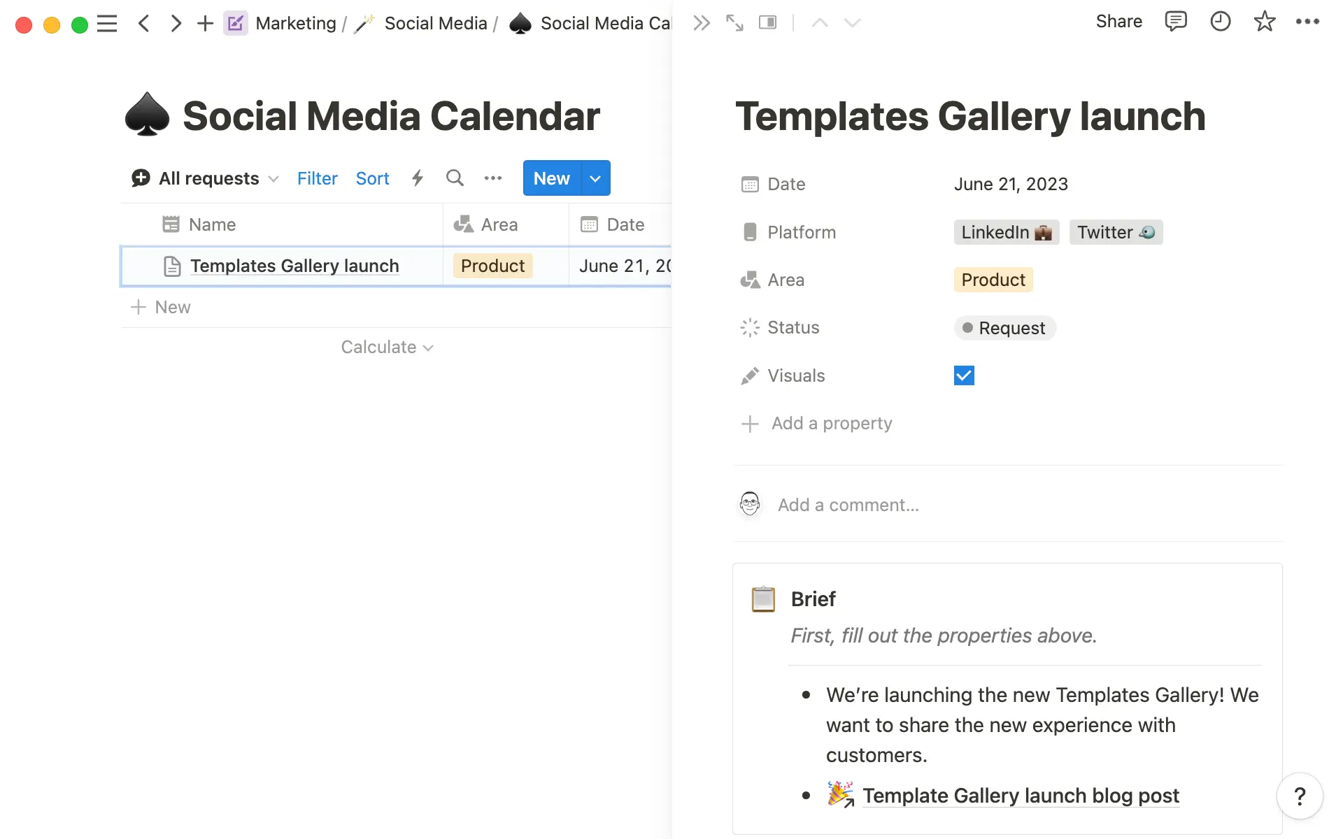 En el sistema de solicitud de redes sociales, los equipos añaden detalles y enlaces de las próximas publicaciones en redes.