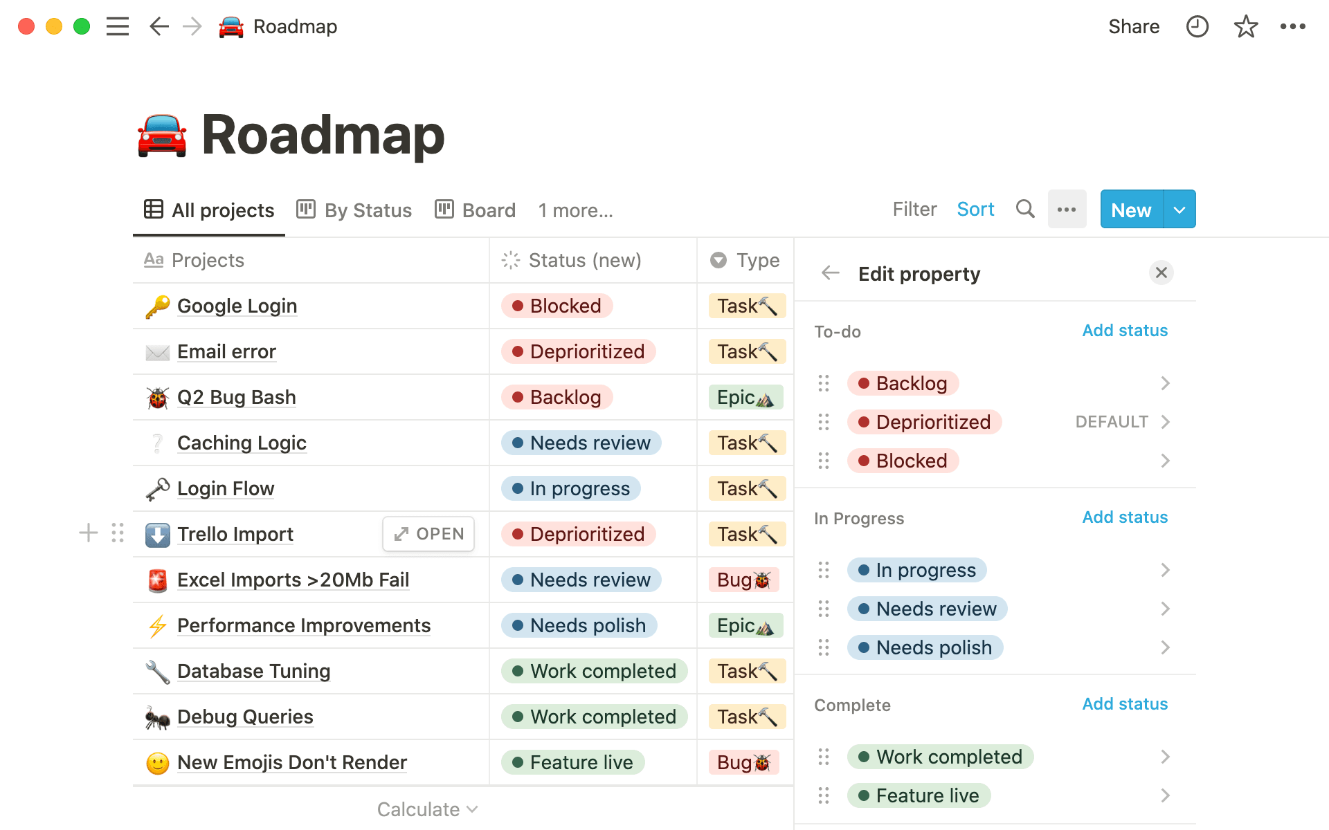 La propiedad de estado te permite mostrar rápidamente el estado de una tarea y añadir subcategorías personalizadas.