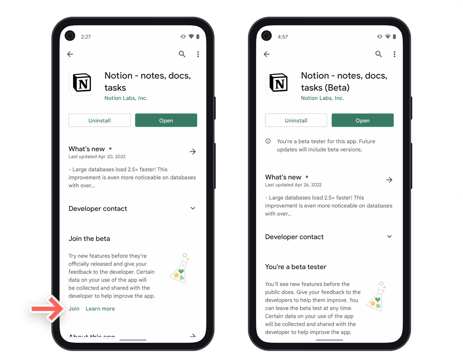 Google PlayストアでNotionのAndroidベータにサインアップするスクリーンショット。