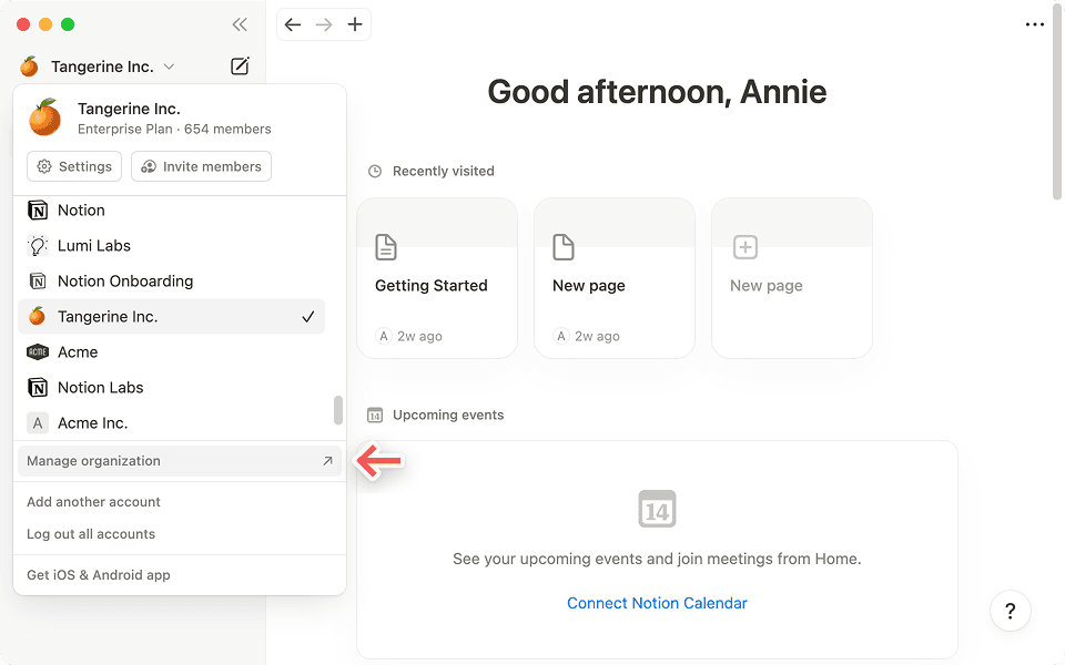Haz clic en «Gestionar organización» en la barra lateral para acceder a la Consola de administración.