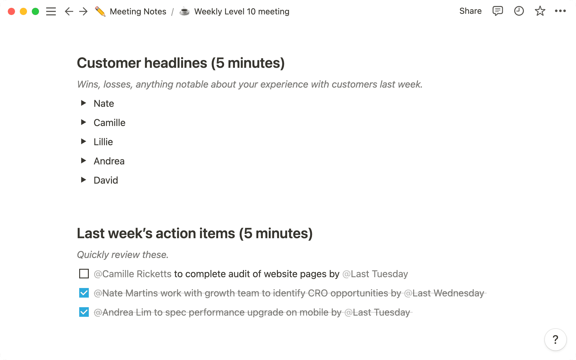 Etiqueta a personas y fechas para que puedas comprobar si los elementos de acción se llevan a cabo.