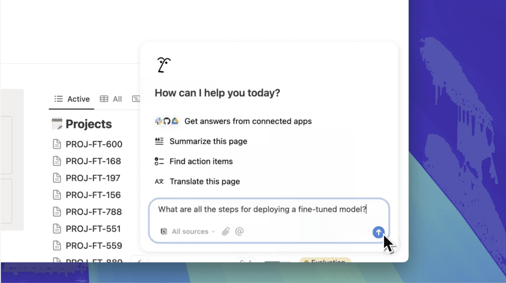A user enters a query into Notion to search their company’s knowledge database.