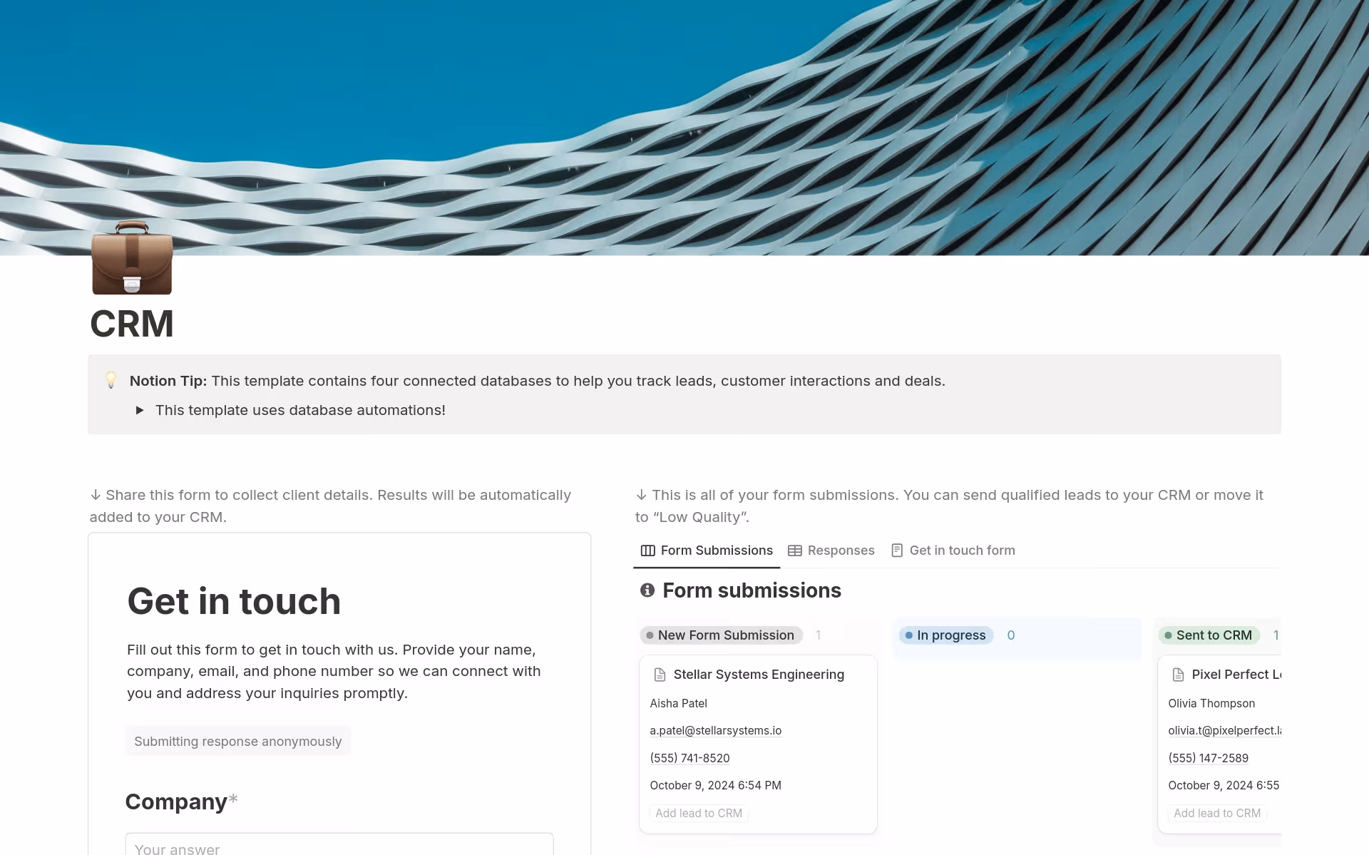 Vista previa de una plantilla para CRM Lead Form